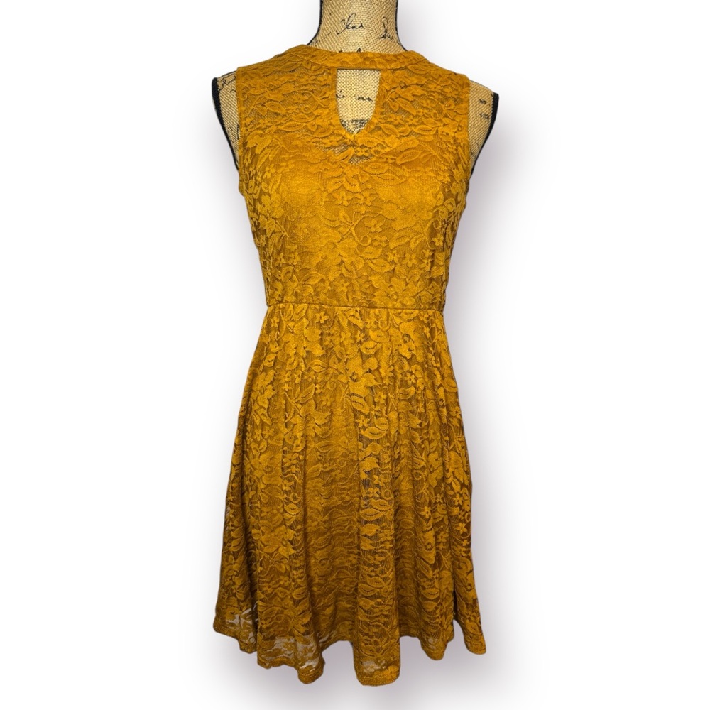 Y2K As U Wish Juniors Size M Mustard Yellow Lace Sweetheart Neck Fit Flare Dress